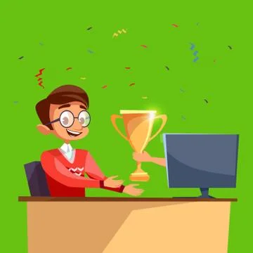 Vector cartoon worker gamer won online competition Stock Illustration