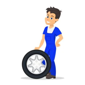 Vector cartoon worker replacement tire wheel Stock Illustration