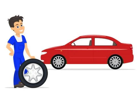 Vector cartoon worker on replacement tires wheels Stock Illustration