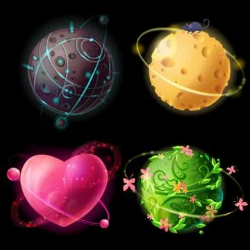 Vector cartoon worlds set. Alien, cheese, plants, love planets illustration Stock-Illustration