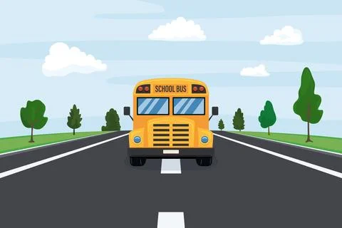 Vector Cartoon Yellow School Bus Driving on Road with Trees. Cute Flat Vector Illustrazione stock