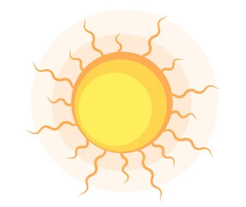 Vector cartoon yellow sun. Shining light rays to heat summer. Isolated star on Stock Illustration