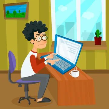 Vector cartoon young programmer man is working with laptop. EPS10 illustratio Illustrazione stock