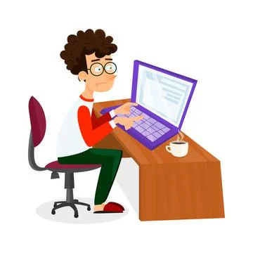 Vector cartoon young programmer man is working with laptop. EPS10 illustratio Illustrazione stock