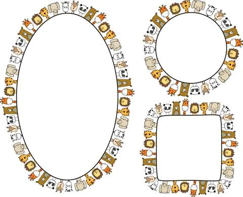 Vector cartoon zoo animals border frame background set Stock Illustration