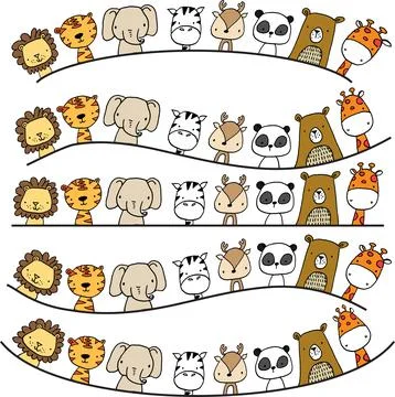 Vector cartoon zoo animals border frame background set Stock Illustration