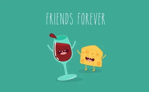 Vector cartoons of comic characters bottle of wine, glass of wine and cheese Stock Illustration