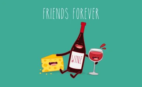 Vector cartoons of comic characters bottle of wine, glass of wine and cheese Stock Illustration
