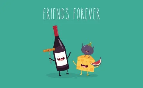 Vector cartoons of comic characters bottle of wine, glass of wine and cheese Stock Illustration