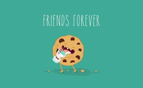 Vector cartoons of comic characters bottle of milk and cookies. Friends forever Illustrazione stock