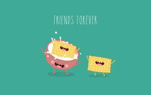 Vector cartoons of comic characters bottle of milk and cookies. Friends forever Stock Illustration