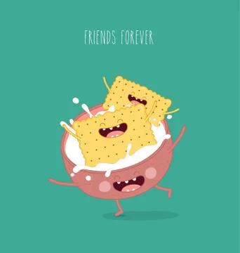 Vector cartoons of comic characters bottle of milk and cookies. Friends forever Stock Illustration