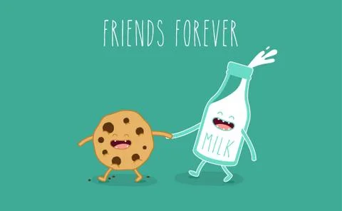 Vector cartoons of comic characters bottle of milk and cookies. Friends forever Stock Illustration