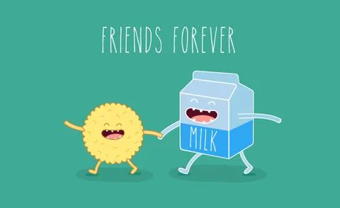 Vector cartoons of comic characters bottle of milk and cookies. Friends forever Stock Illustration