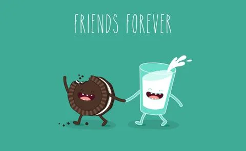 Vector cartoons of comic characters bottle of milk and cookies. Friends forever Stock Illustration
