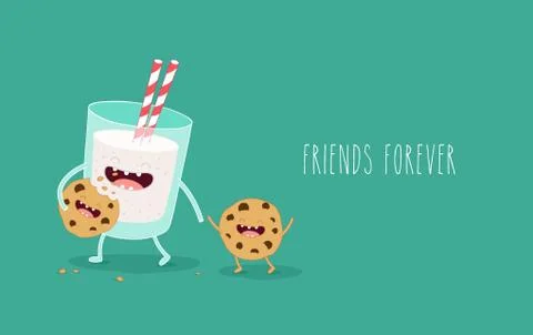 Vector cartoons of comic characters bottle of milk and cookies. Friends forever Stock Illustration