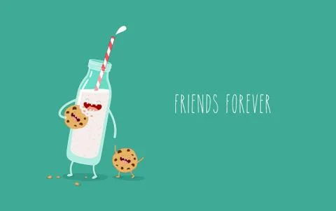 Vector cartoons of comic characters bottle of milk and cookies. Friends forever Stock Illustration