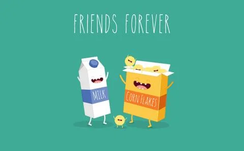 Vector cartoons of comic characters bottle of milk and cookies. Friends forever Stock Illustration