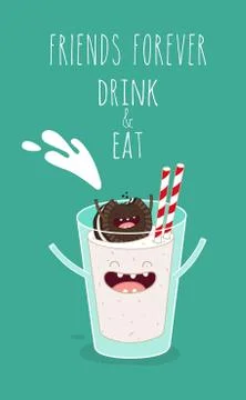 Vector cartoons of comic characters bottle of milk and cookies. Friends forever Stock Illustration