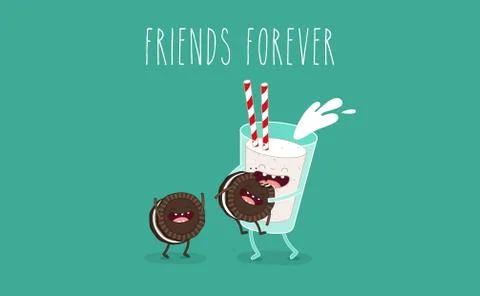 Vector cartoons of comic characters bottle of milk and cookies. Friends forever Stock Illustration