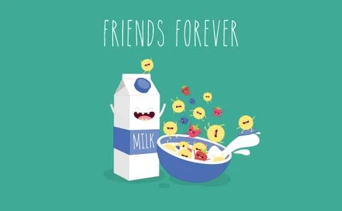 Vector cartoons of comic characters bottle of milk and cookies. Friends forever Stock Illustration