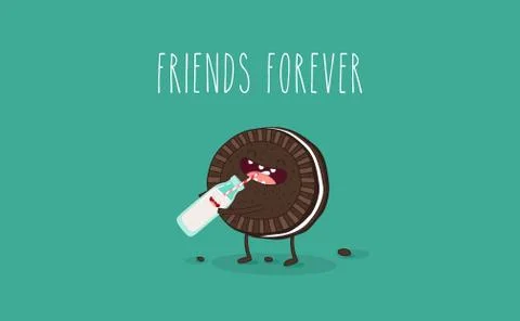 Vector cartoons of comic characters bottle of milk and cookies. Friends forever Stock Illustration