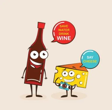 Vector cartoons of comic characters bottle of wine and cheese. Cartoon face f Stock Illustration