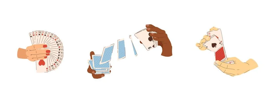 Vector casino player set of playing cards in hands. Multicultural casino pl.. Stock Illustration
