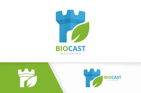 Vector castle and leaf logo combination. Tower and eco symbol or icon. Unique Ilustración de archivo