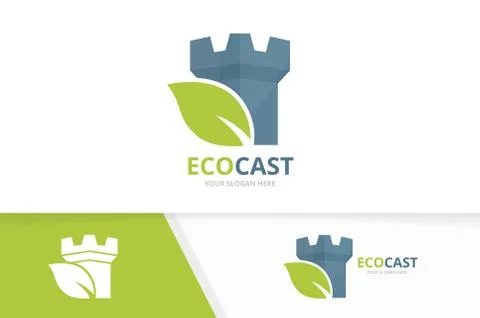 Vector castle and leaf logo combination. Tower and eco symbol or icon. Unique Stock Illustration