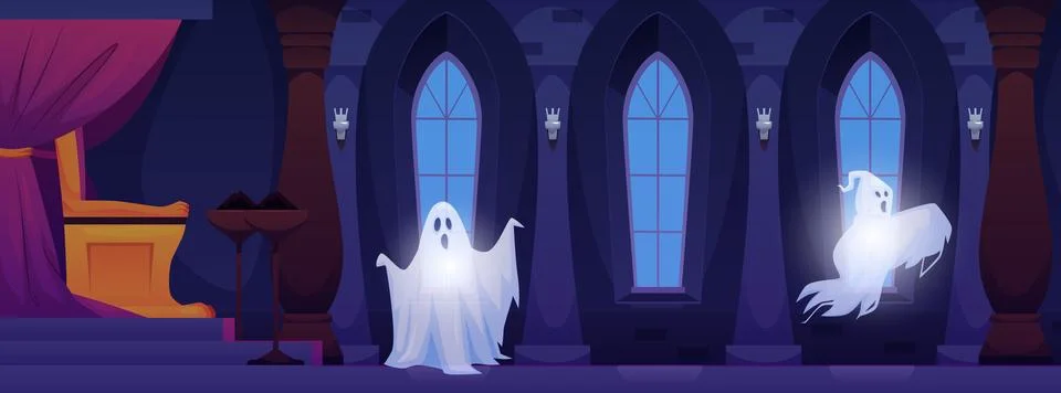 Vector castle interior with throne, curtains and windows at night. Ghosts in  Ilustración de archivo