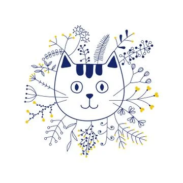 Vector cat head with flowers Stock Illustration