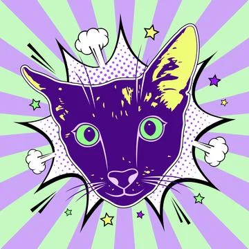 A vector cat in a pop art style, with a striped and halftone background Stock Illustration