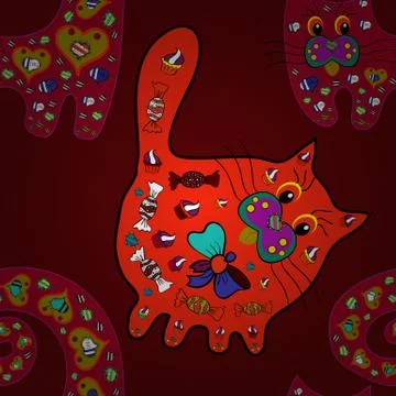 Vector. Cat red, black and purple on colors. Tender fabric pattern. Pattern. Sea Illustrazione stock
