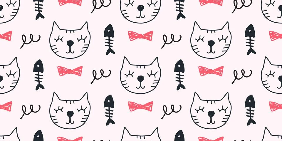 Vector Cat seamless pattern. Hand drawn cute kitty cartoon character Stockillustratie