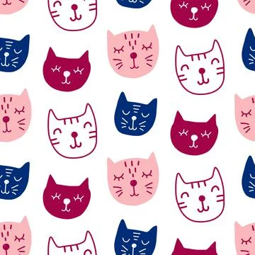 Vector Cat seamless pattern. Hand drawn cute kitty cartoon character Stock Illustration