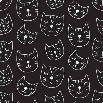 Vector Cat seamless pattern, white on black Stock Illustration