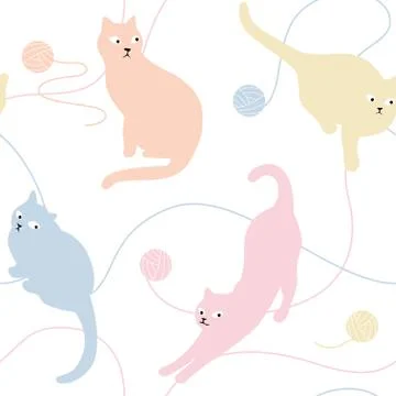 Vector Cat Silhouette Playing Knitting Yarn Ball Seamless Pattern Stock Illustration