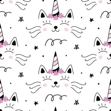 Vector Cat unicorn Caticorn seamless pattern Stock Illustration
