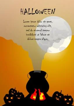 Vector : A cauldron and pumpkins with smoke halloween background Stock Illustration
