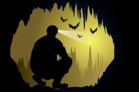 Vector cave with man and bats Stock Illustration