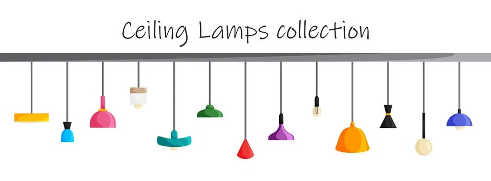 Vector ceiling lamp collection in flat style. Electricity equipment for home Stock Illustration