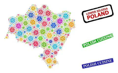 Vector cell mosaic Lower Silesian Voivodeship map, and grunge Polish Cuisine  Stock Illustration