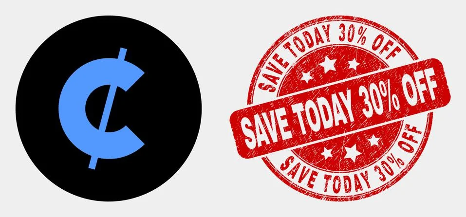 Vector Cent Icon and Scratched Save Today 30% Off Stamp Stock Illustration