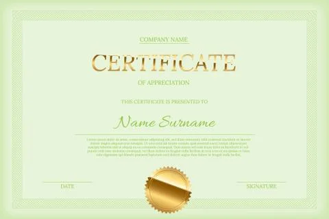 Vector certificate design template. Golden Certificate word with seal, green Stock Illustration