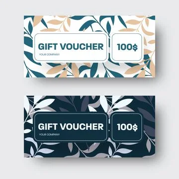 Vector certificate for shop, gift voucher with tropical leaves in nude, blue, Stock Illustration