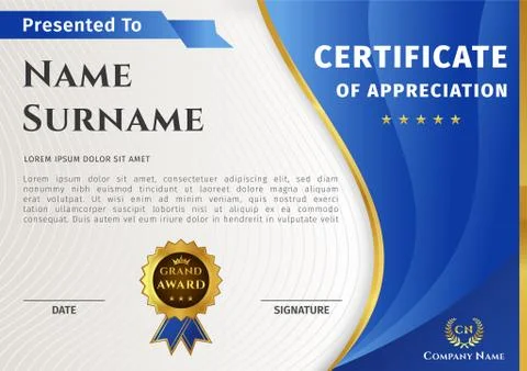 Vector certificate template with blue and gold elements and badge Stockillustratie