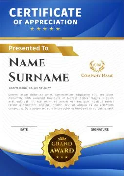 Vector certificate template with blue and gold elements and badge イラスト素材