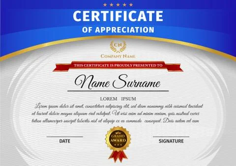 Vector certificate template with blue and gold elements and badge Stockillustratie