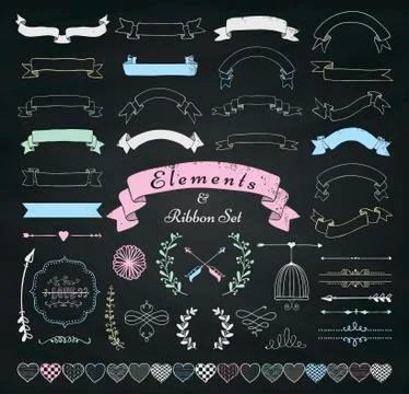 Vector Chalk Drawing Design Elements and Ribbons Set Stock Illustration